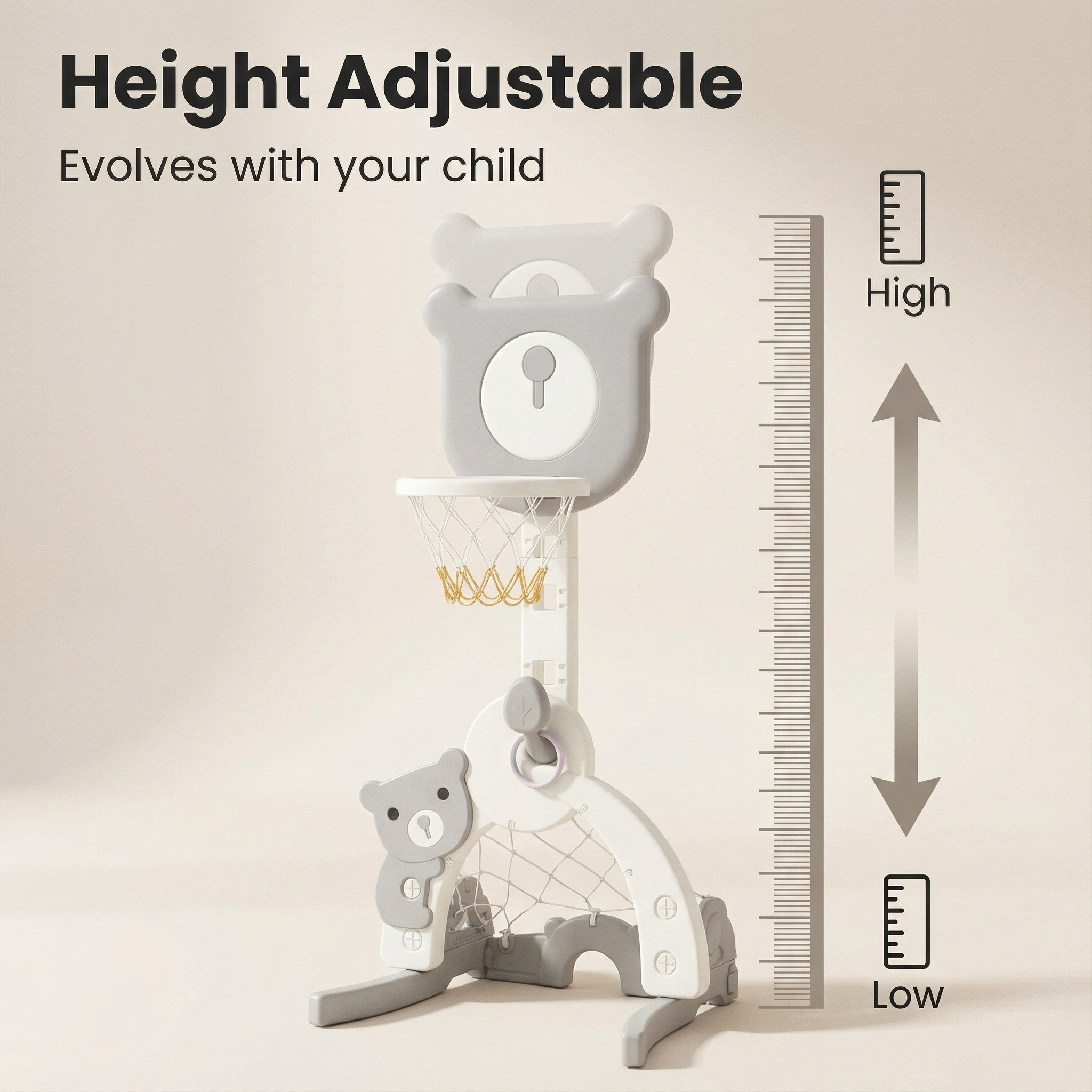 Basketbalstandaard 3 in 1, met voetbaldoel en golfset Beer Grijs