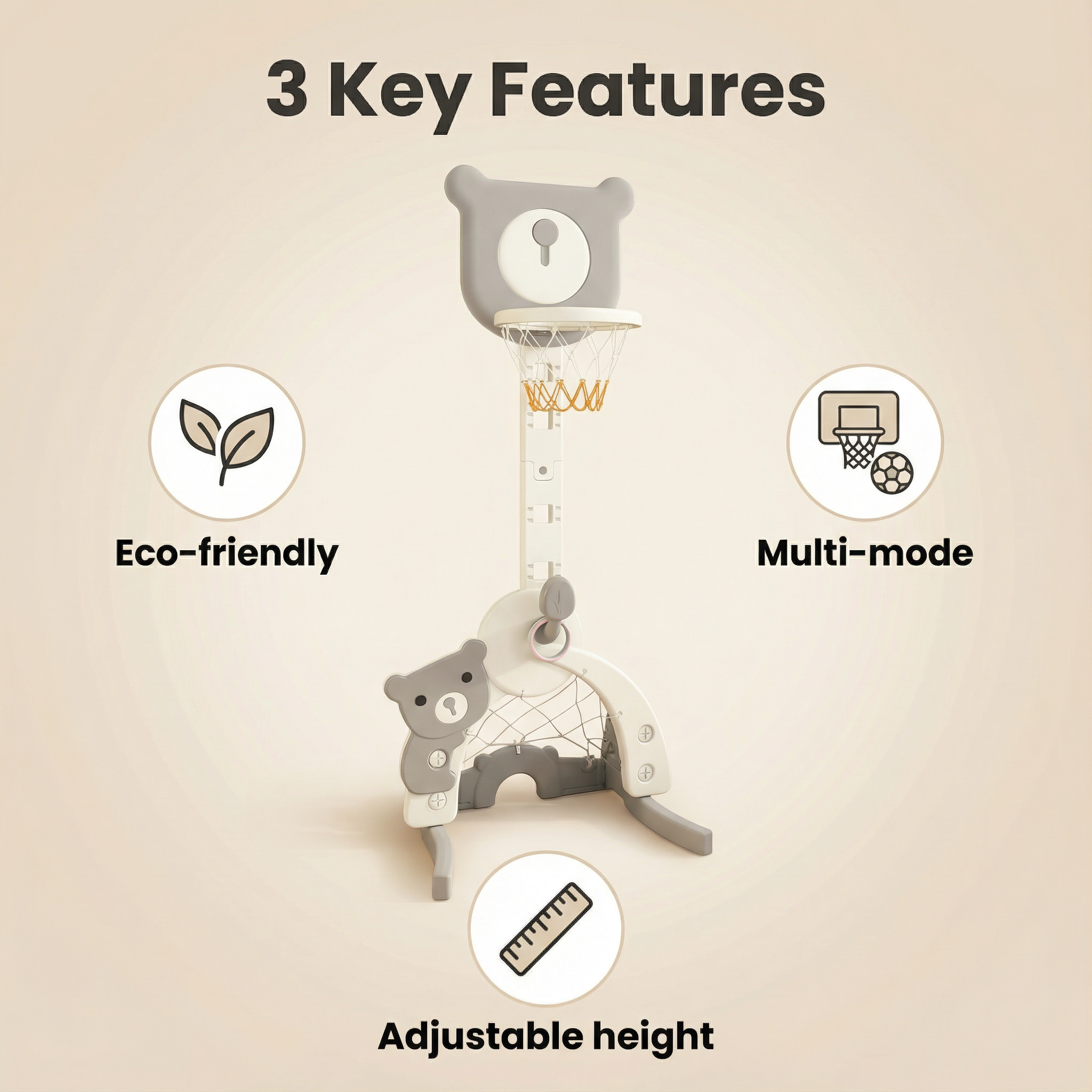 Basketbalstandaard 3 in 1, met voetbaldoel en golfset Beer Grijs