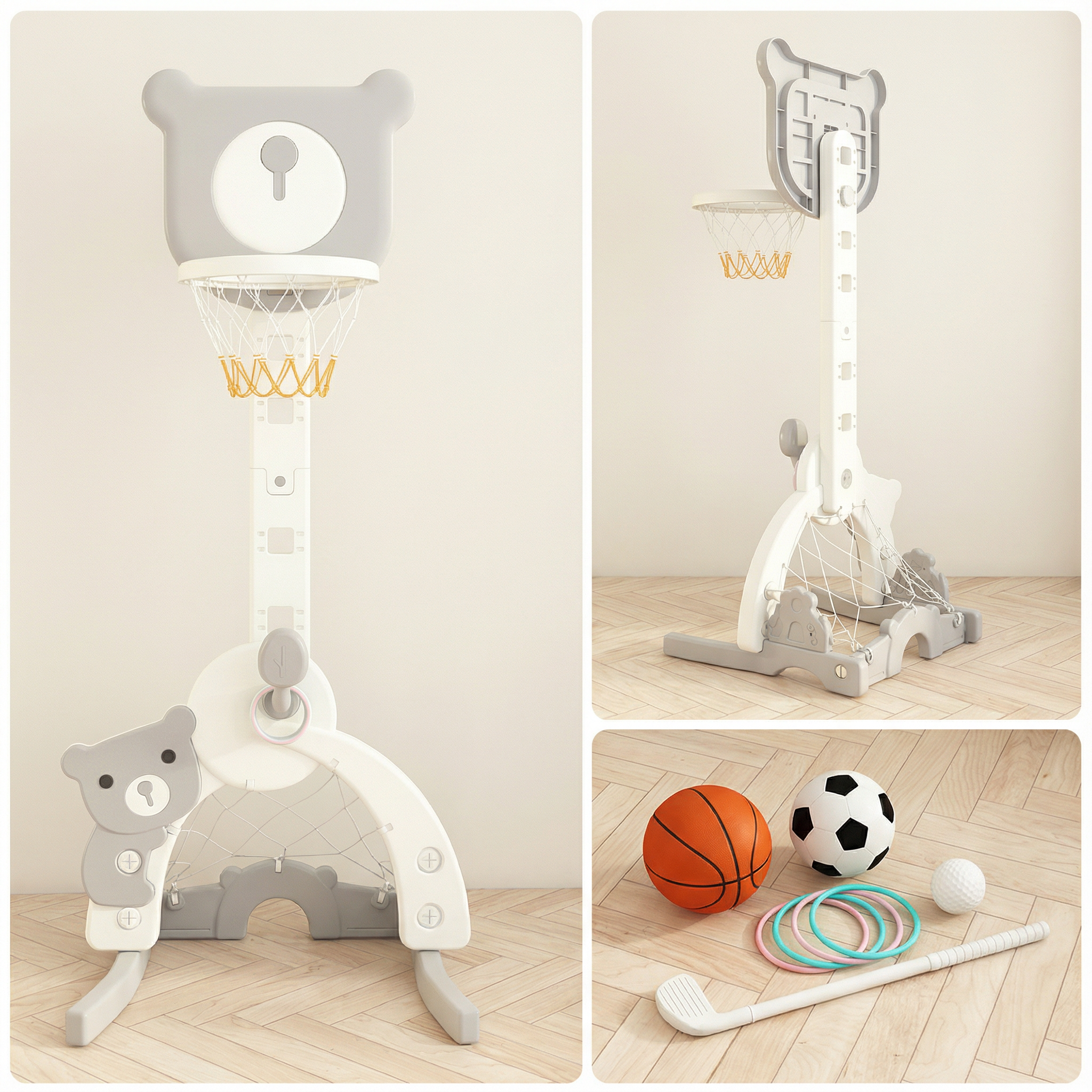 Basketbalstandaard 3 in 1, met voetbaldoel en golfset Beer Grijs
