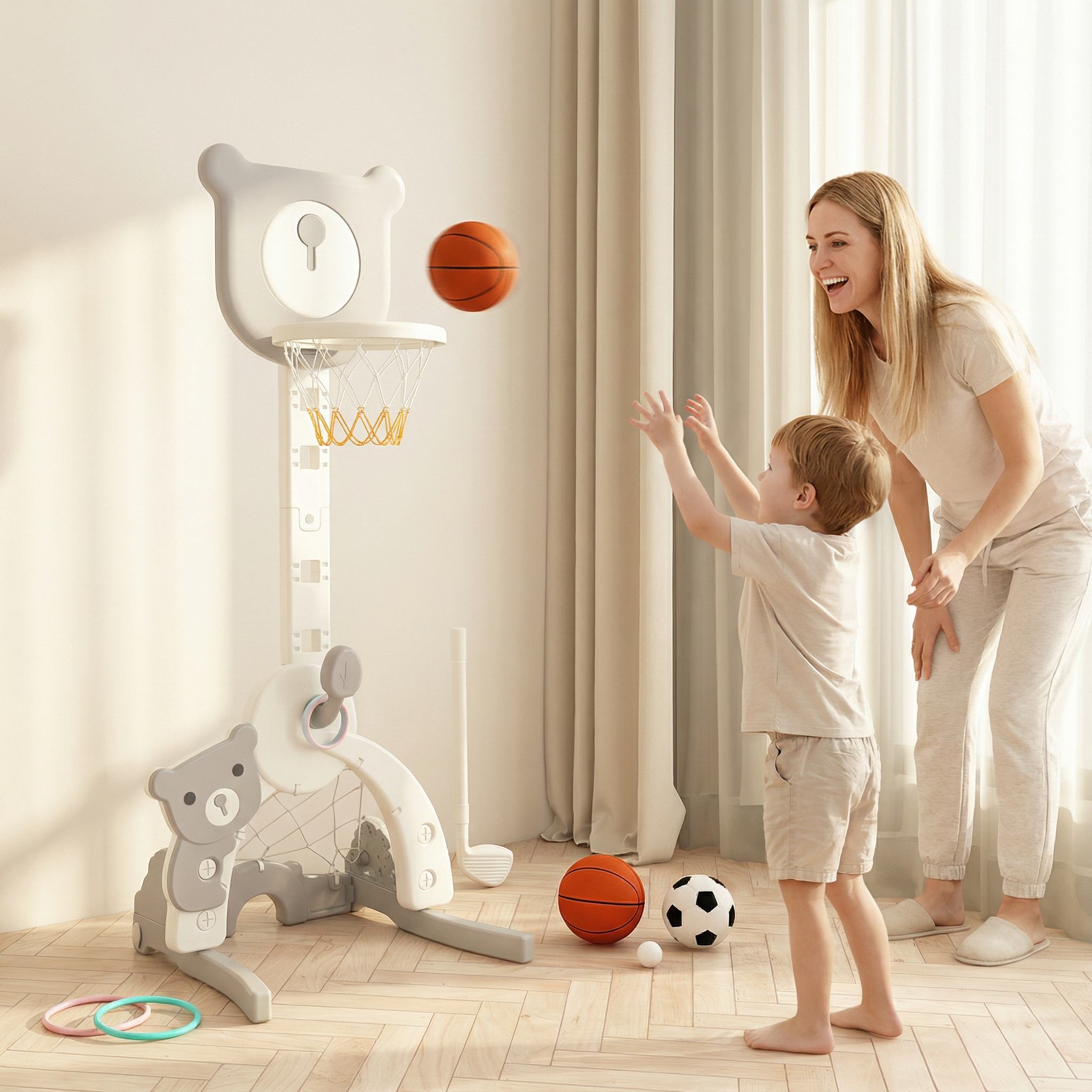 Basketbalstandaard 3 in 1, met voetbaldoel en golfset Beer Grijs