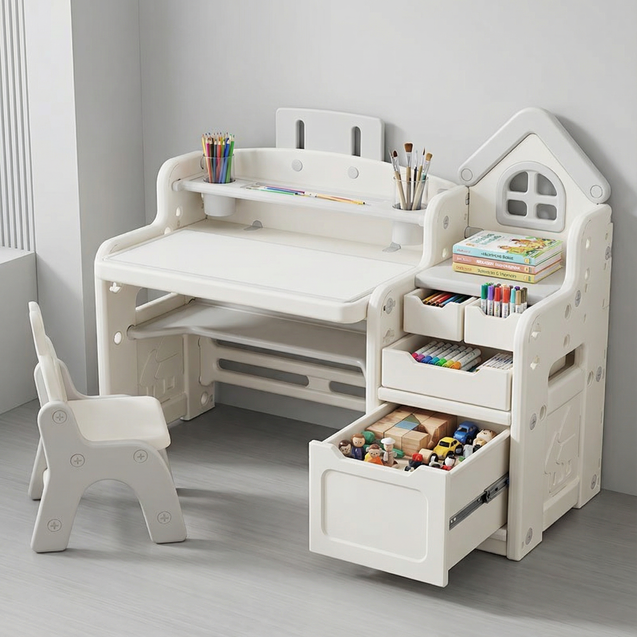 Kinderbureau met Stoel Grijs – Tekentafel & Speeltafel – Opbergruimte