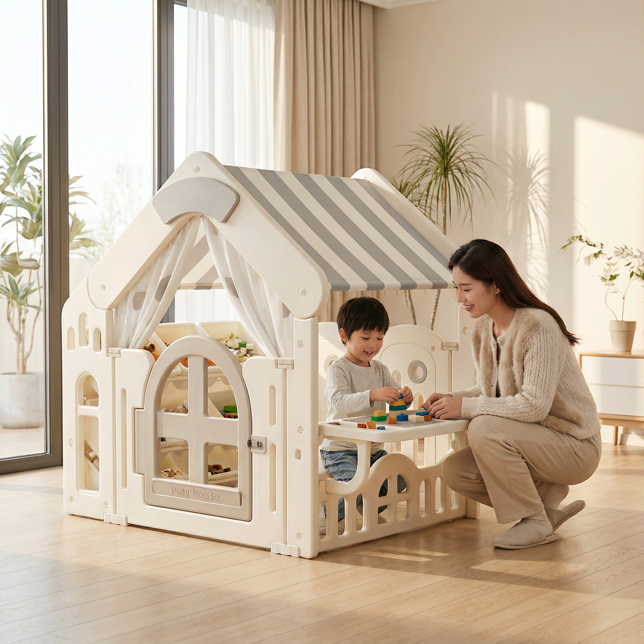 Speelhuisje grijs kunststof met stoffen dak en speelaccessoires voor kinderen binnen en buiten