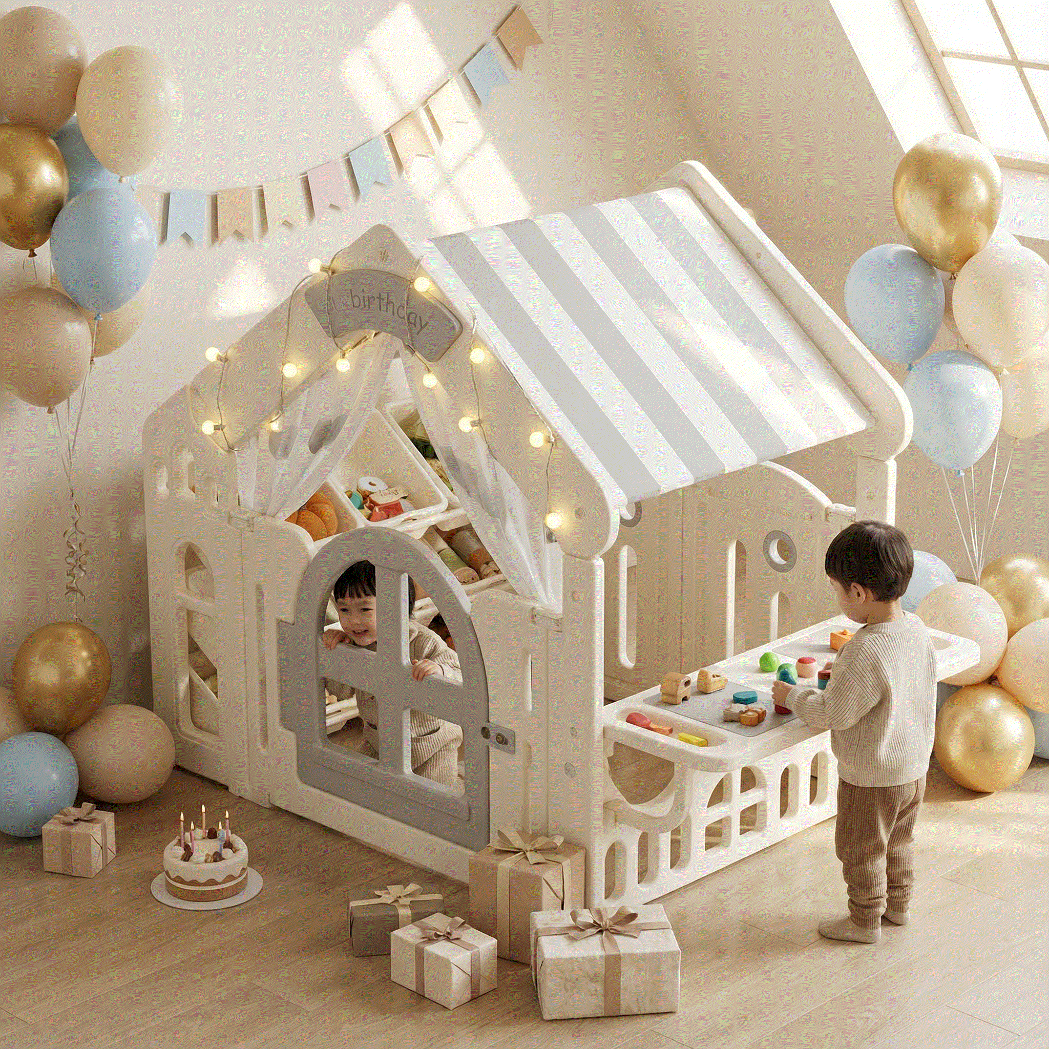 Speelhuisje grijs kunststof voor kinderen met stoffen dak en speelaccessoires binnen en buiten gebruik