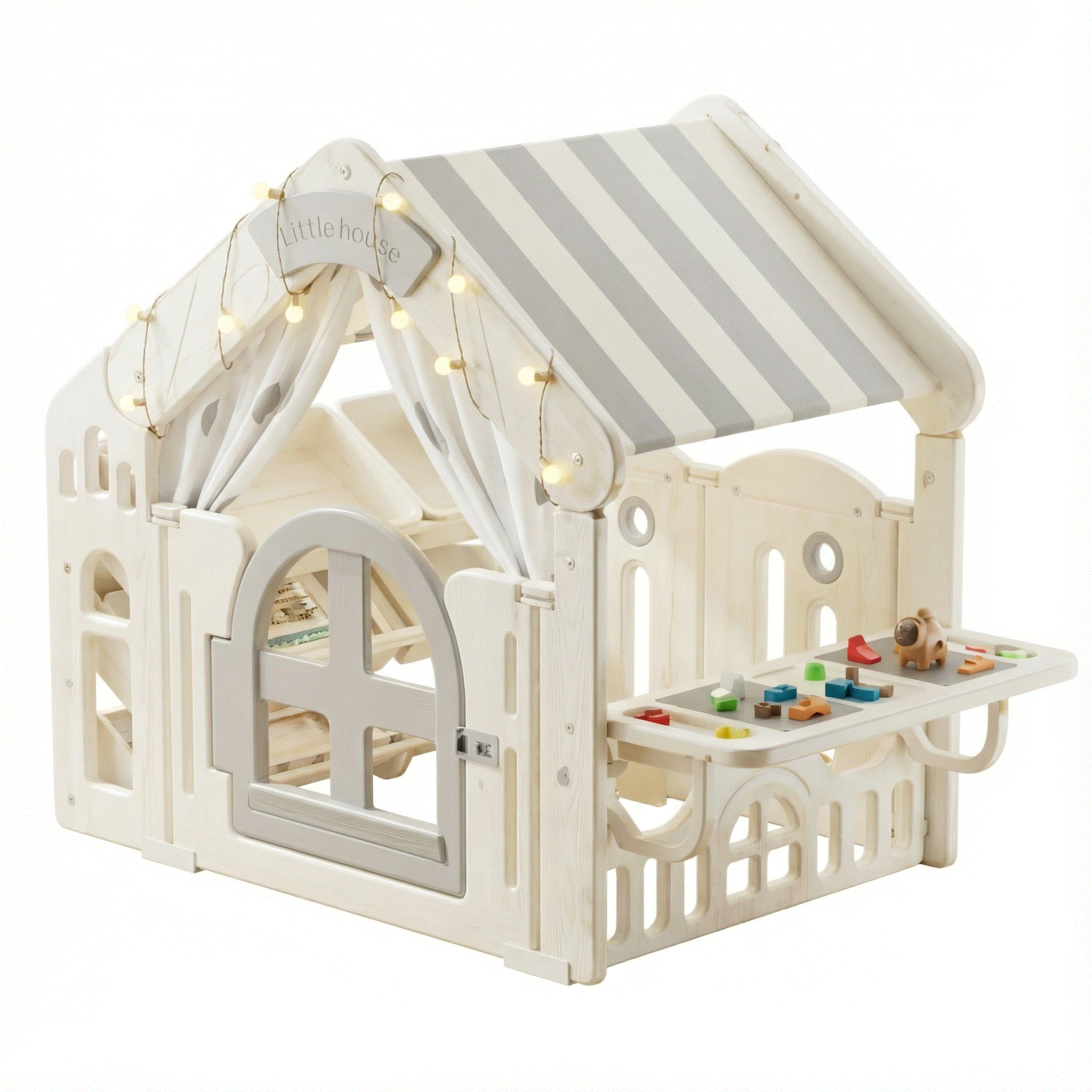 Speelhuisje voor kinderen grijs van kunststof met stoffen dak binnen en buitengebruik