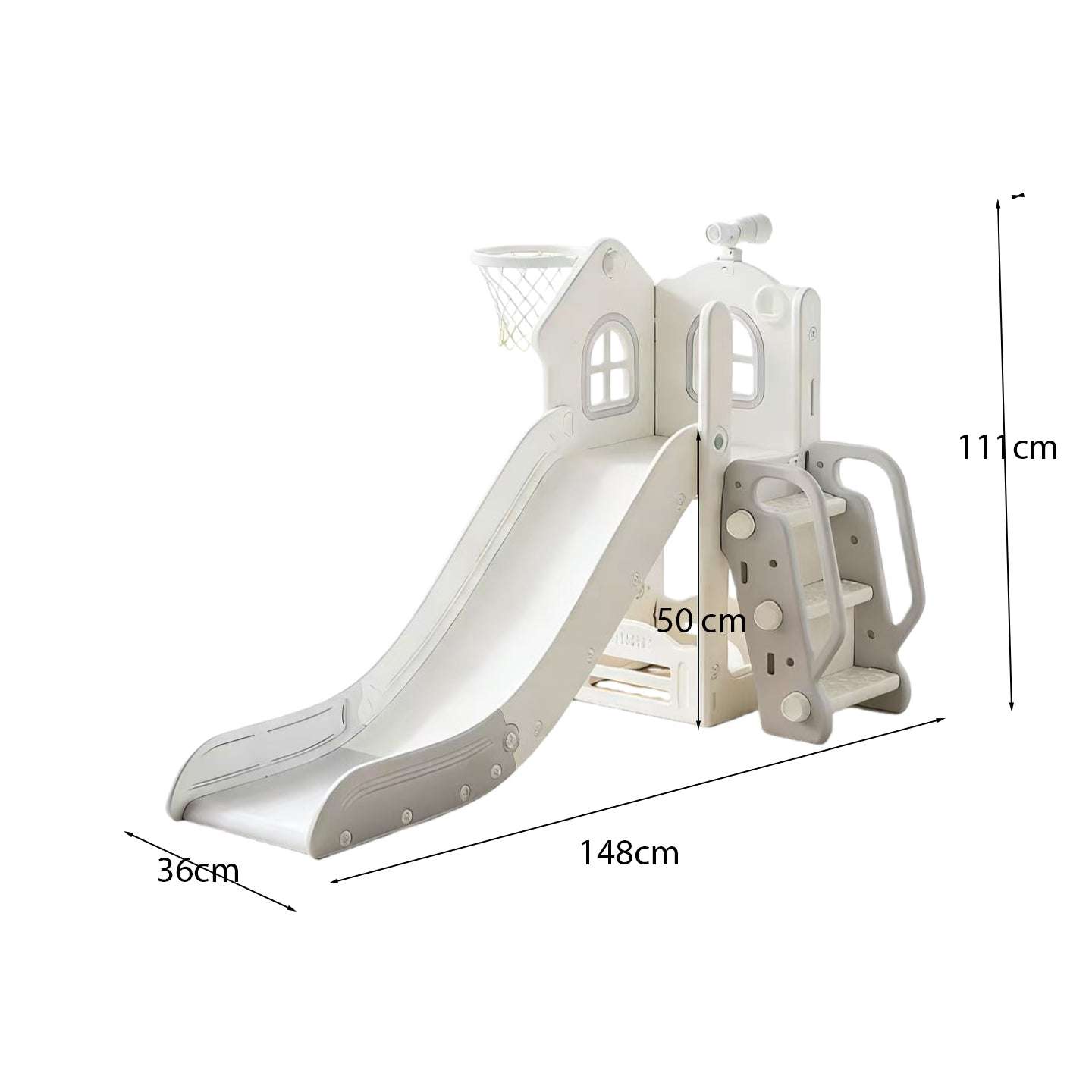 Speeltoestel Toren Cosy grijs kinderspeeltoestel met glijbaan en basket geschikt voor binnen en buiten spelen