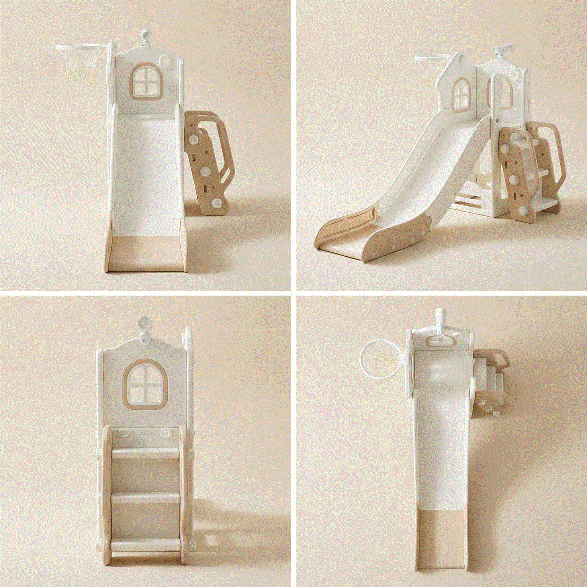 Beige speeltoestel met glijbaan en basket voor kinderen, geschikt voor binnen en buitengebruik.