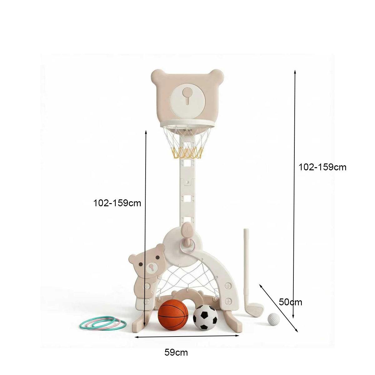 Beige Basketbalstandaard 3 in 1 met basketbalring, voetbaldoel en golfset voor kinderen in berenvorm