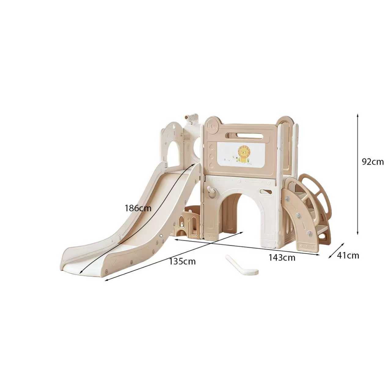Speeltoestel Toren Luxe rond beige met glijbaan, basket en tekenbord voor kinderen