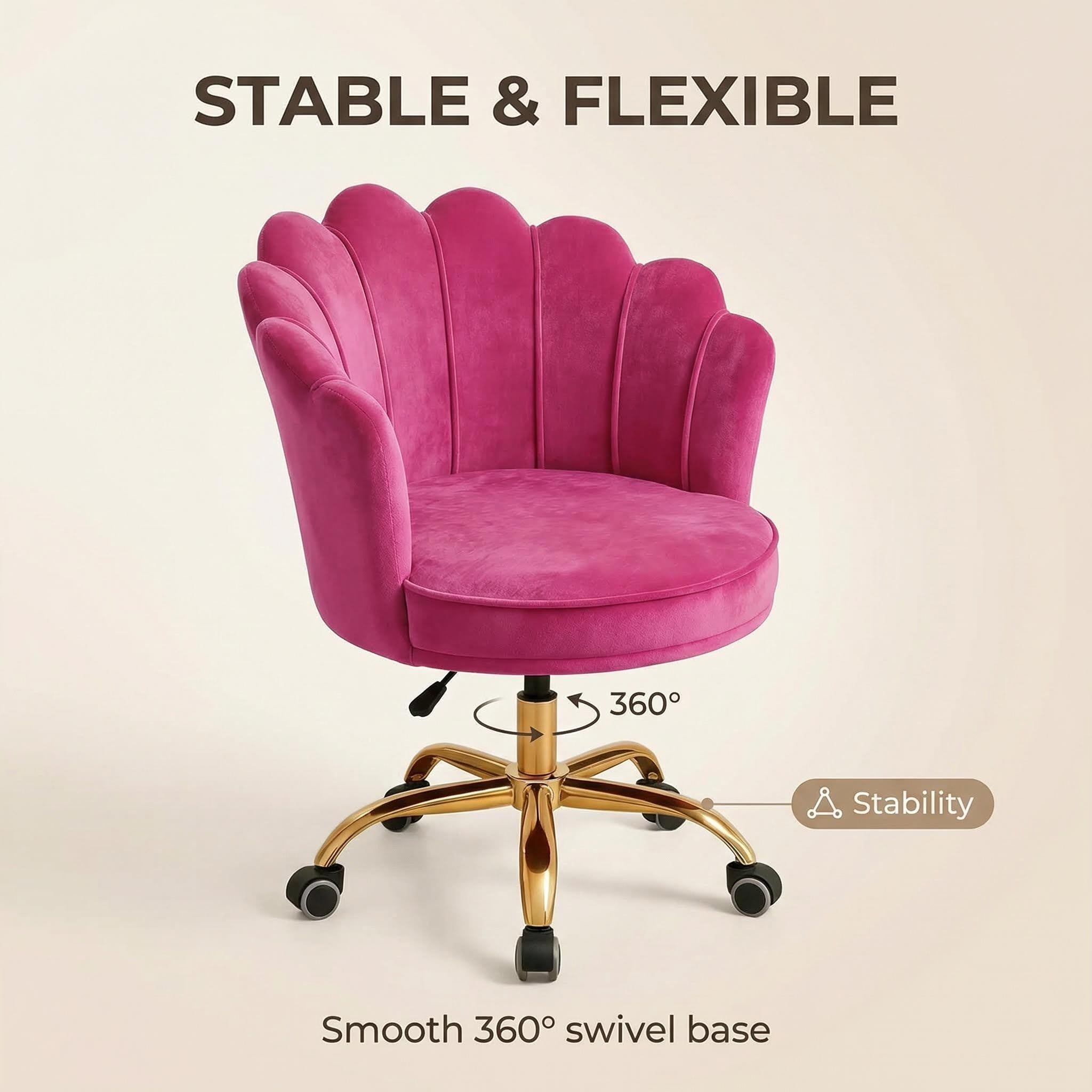 Velvet Schelp Bureaustoel Fuchsia met Goudkleurig onderstel