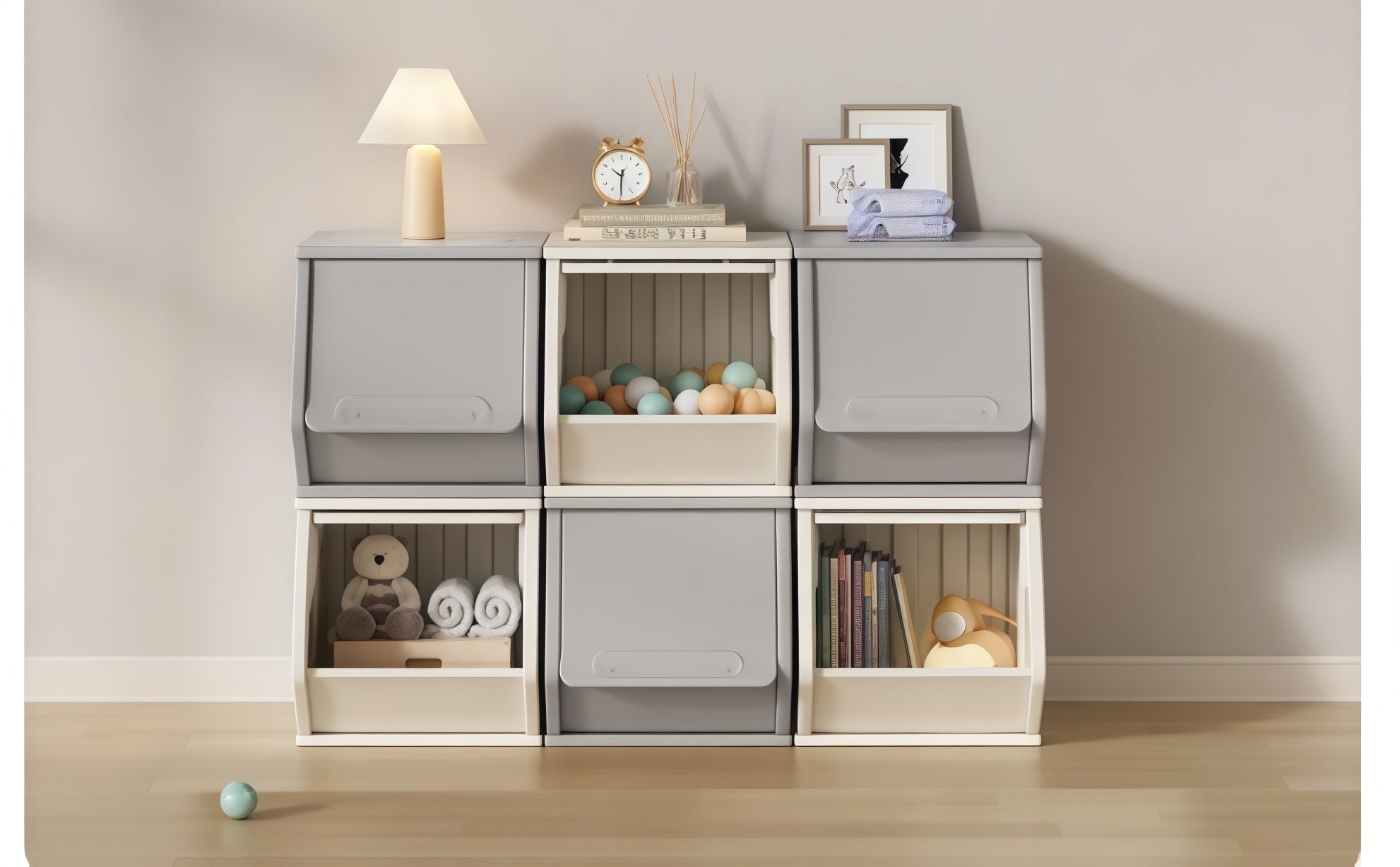 Opberg Combinatie Grijs/Wit M met 6 stapelbare bakken voor speelgoed en boeken