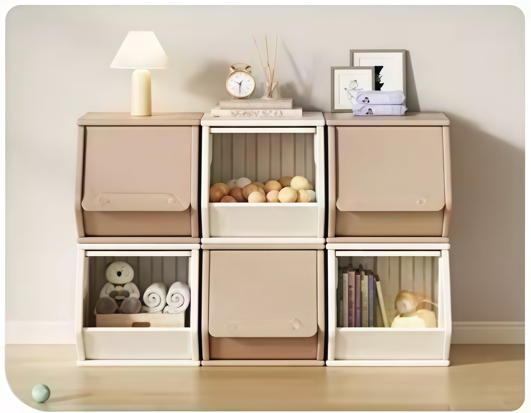 Opberg Combinatie Beige M met 6 stapelbare bakken voor speelgoed en boeken in kinderkamer