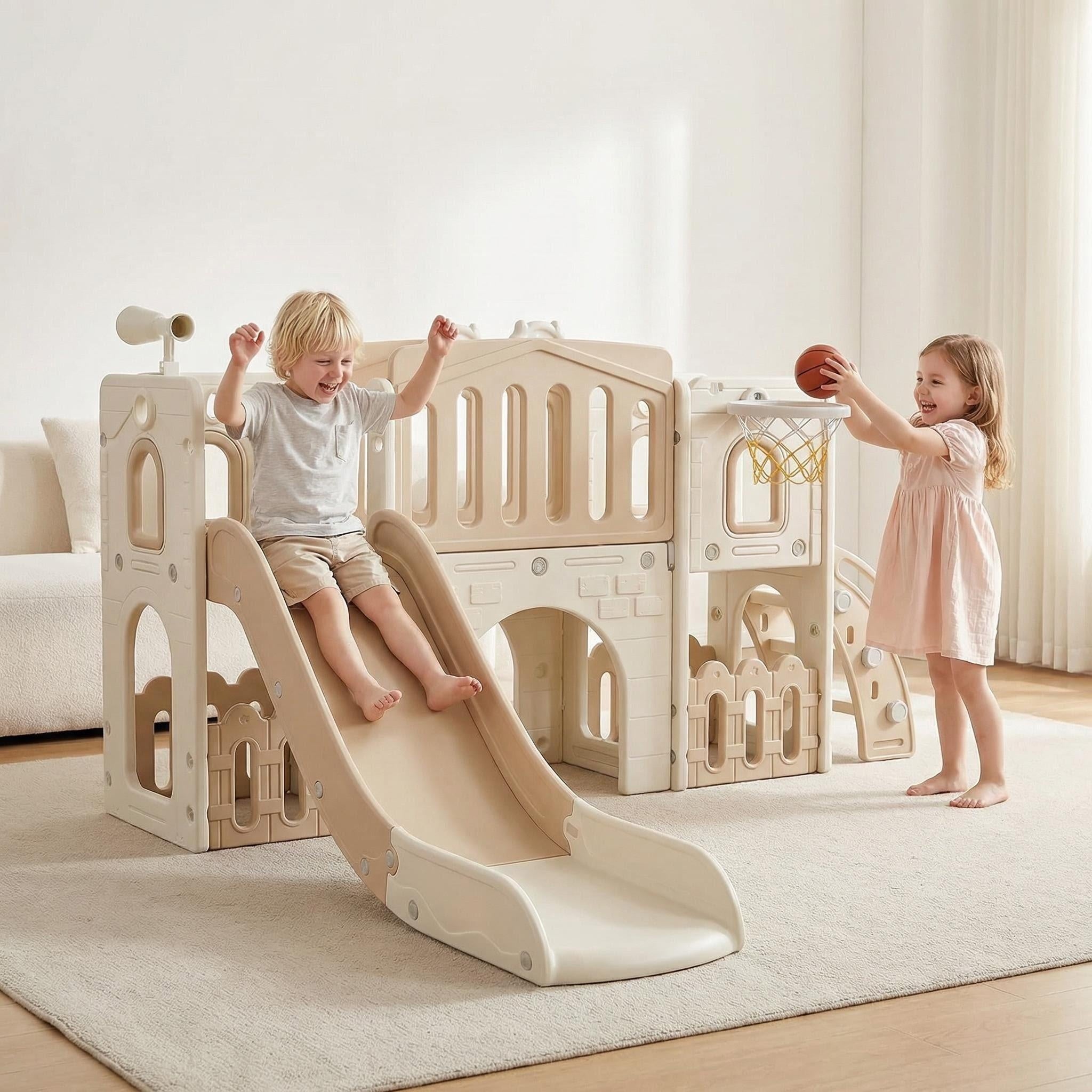 Speeltoestel Toren XL modern beige met glijbaan en basket voor kinderen