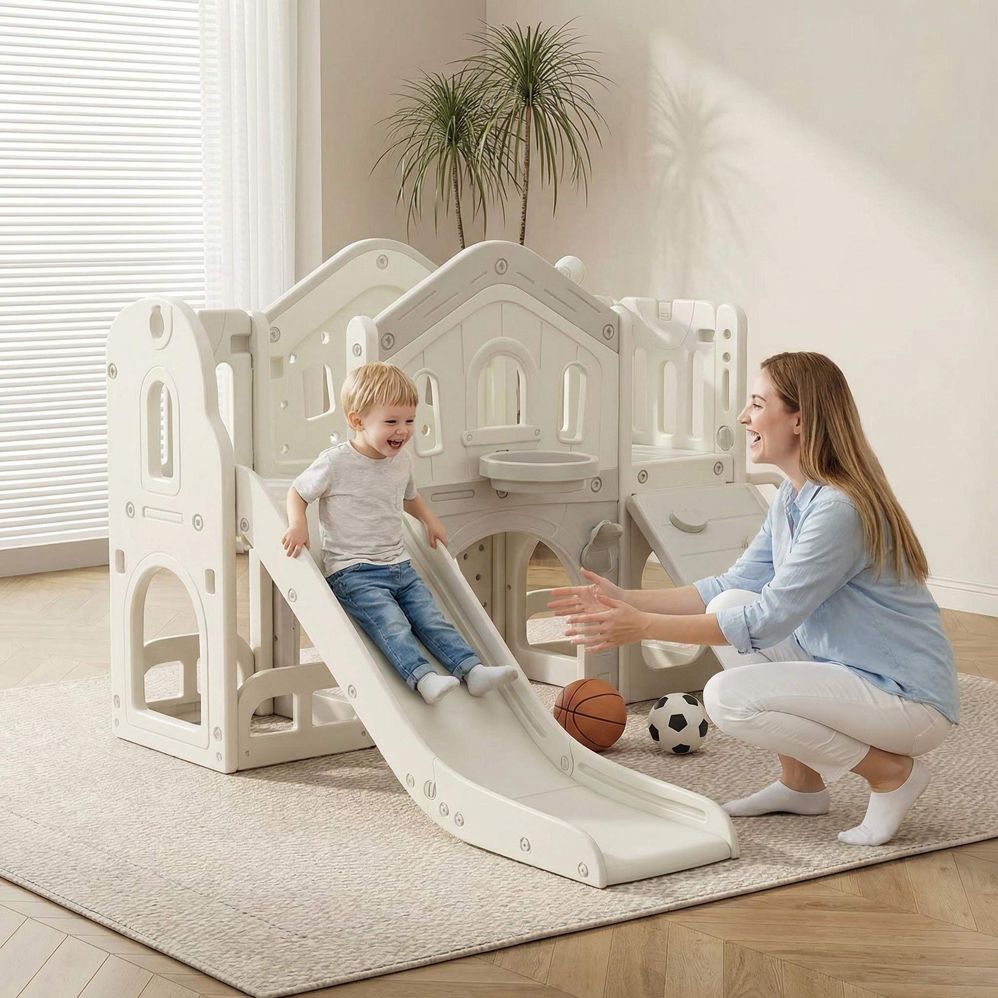 Speeltoestel Toren XL Nature Grijs met glijbaan en klimrek voor kinderen
