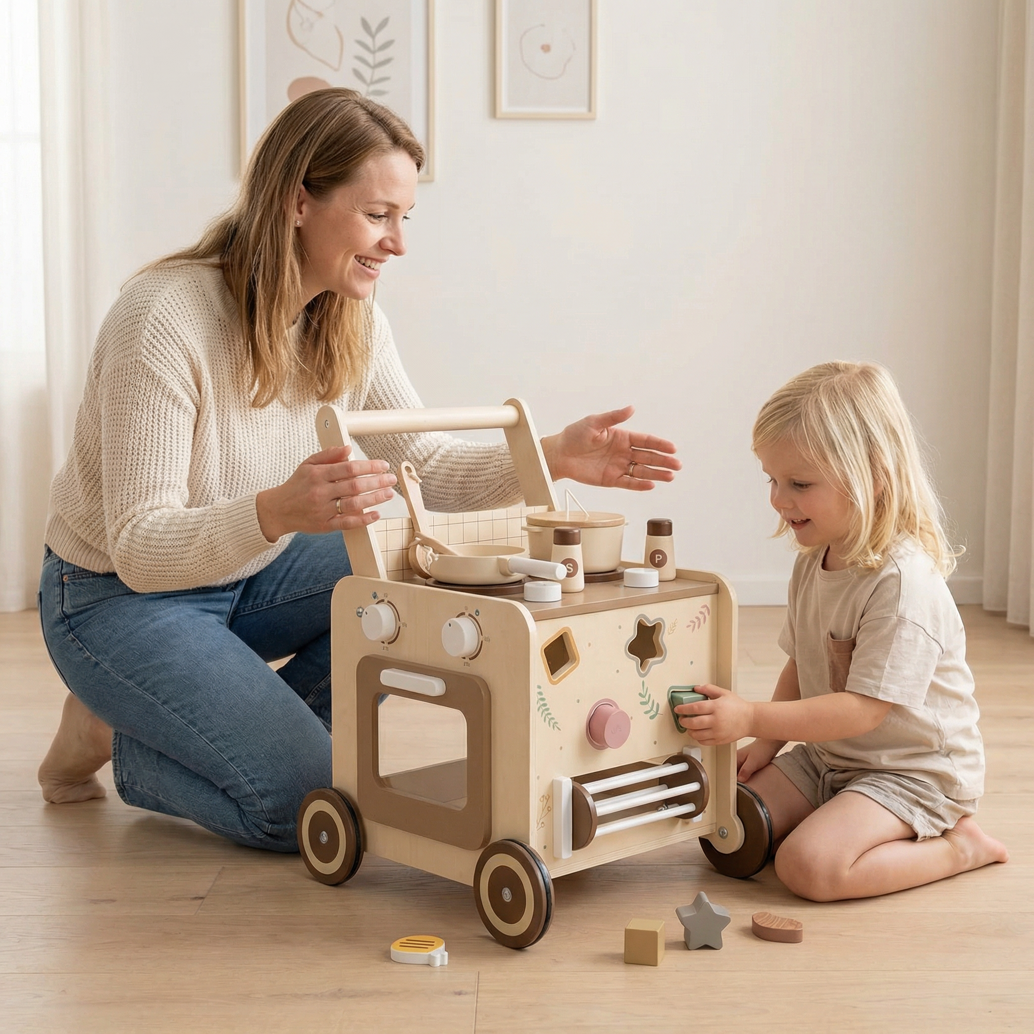 Loopwagen-Trainer Hout met keukentje en vormpjes