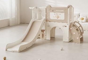Speeltoestel Toren Luxe Rond Beige met glijbaan, basket en tekenbord voor kinderen