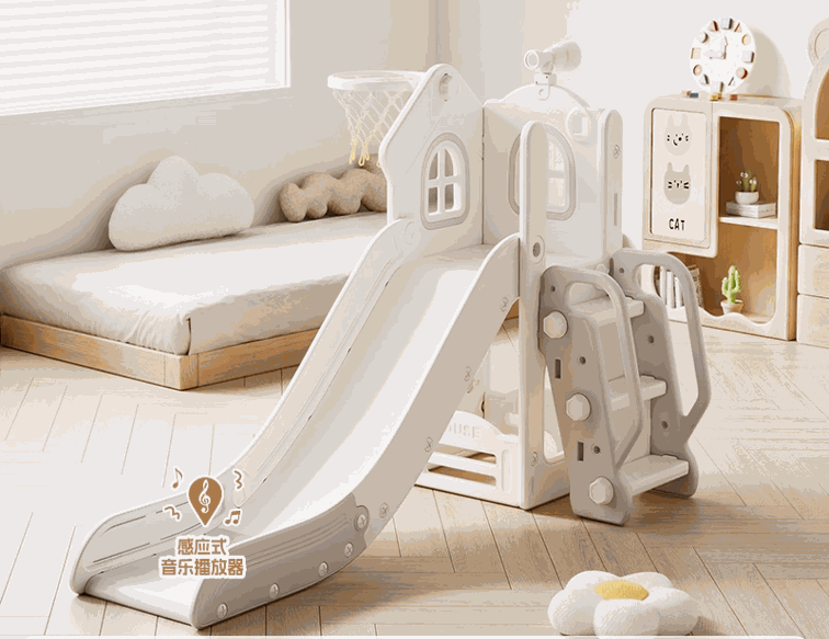 Speeltoestel Toren Cosy grijs met glijbaan en basket voor kinderen van 1-5 jaar