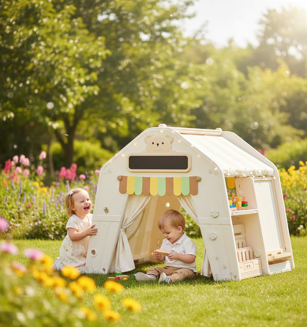 Beige kunststof speelhuis tent met stoffen dak geschikt voor peuters en kleuters binnen en buiten in de tuin