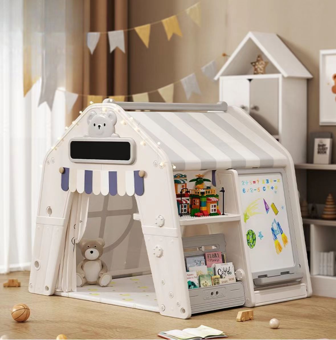 kunststof speelhuis met stoffen dak in model tent grijs