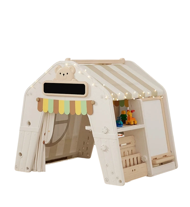 kunststof speelhuis met stoffen dak werkblad en opbergvakken beige