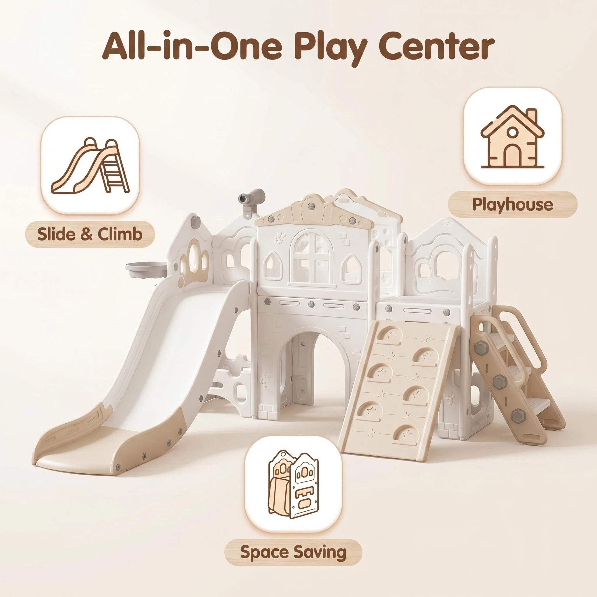 Beige Speeltoestel Toren Romance XL playset with slide and climbing wall